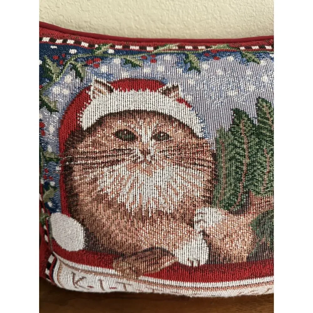 Kitty Klaus Tapestry Christmas Throw Pillow Cat & Cardinal 13